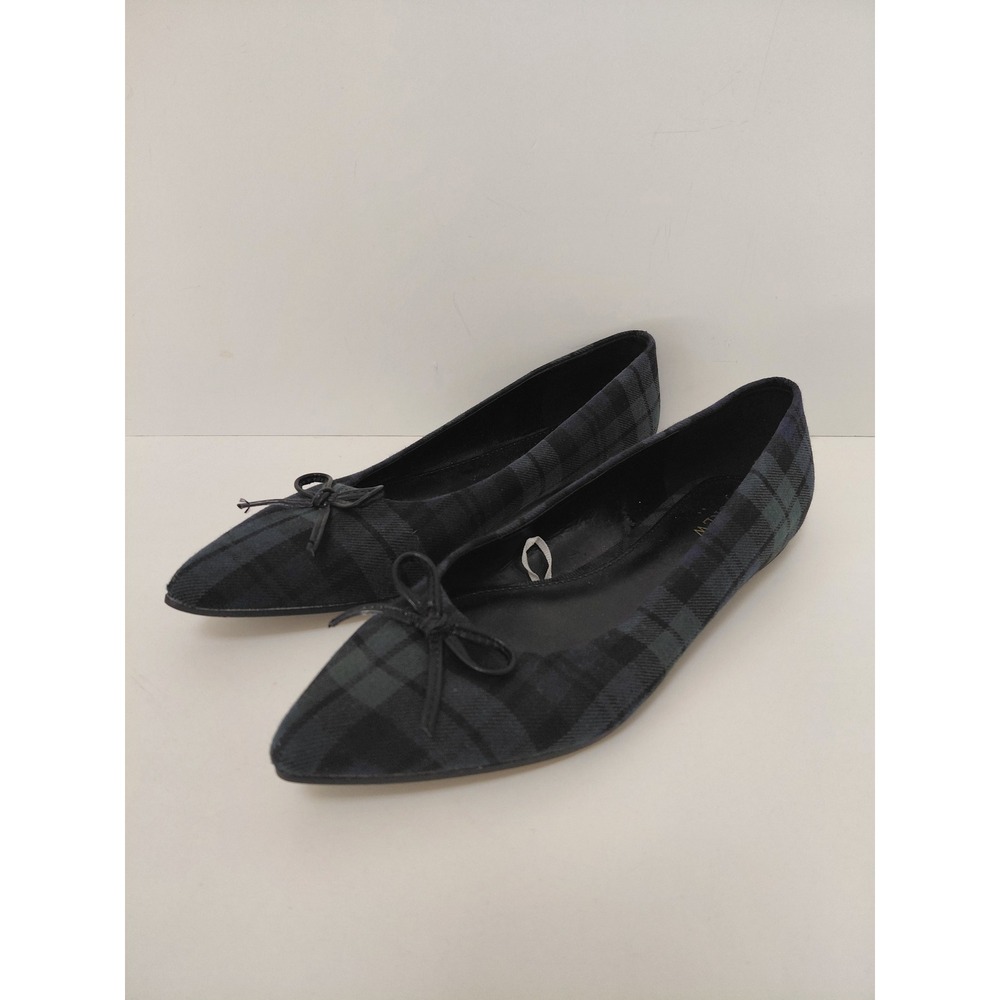 J.Crew Womens Black Watch Plaid Pointed Toe Ballet Flats Bow Green Navy Size 7